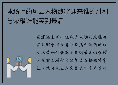 球场上的风云人物终将迎来谁的胜利与荣耀谁能笑到最后