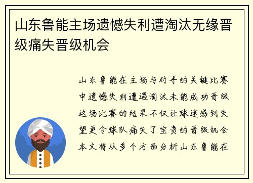 山东鲁能主场遗憾失利遭淘汰无缘晋级痛失晋级机会