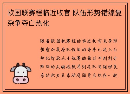 欧国联赛程临近收官 队伍形势错综复杂争夺白热化