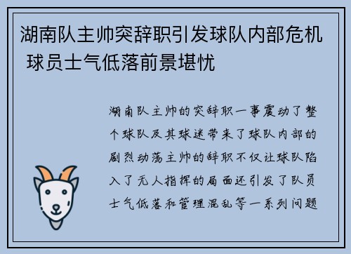 湖南队主帅突辞职引发球队内部危机 球员士气低落前景堪忧 湖南队主帅突辞职引发球队内部危机 球员士气低落前景堪忧