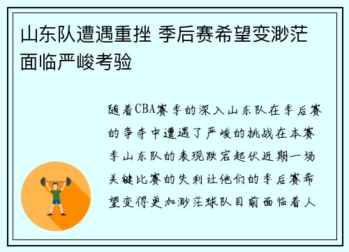 山东队遭遇重挫 季后赛希望变渺茫 面临严峻考验